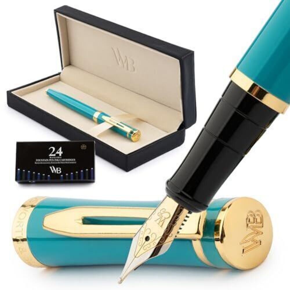 1471 Fountain Pen Set, 18K Gilded Medium Nib, Includes 24 Pack Ink